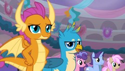 Size: 1920x1080 | Tagged: safe, screencap, berry bliss, gallus, november rain, smolder, strawberry scoop, dragon, earth pony, griffon, pony, unicorn, g4, season 9, she's all yak, 1080p, dragoness, female, friendship student, hand on hip, male, mare, stallion, teenager