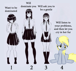 Size: 688x639 | Tagged: safe, artist:derpy_fan, derpy hooves, human, pegasus, pony, g4, anime, clothes, female, mare, meme, skirt