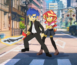 Size: 1612x1363 | Tagged: safe, artist:qsky, flash sentry, sunset shimmer, human, equestria girls, g4, city, clothes, duo, female, male, ship:flashimmer, shipping, skirt, straight, sword, weapon