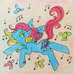 Size: 898x898 | Tagged: safe, artist:mintytreble, thistle whistle, bird, pegasus, pony, g3, cute, flying, music notes, traditional art