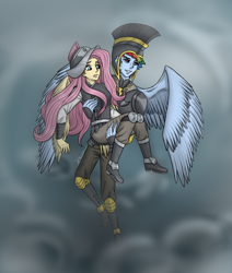 Size: 2022x2379 | Tagged: safe, artist:daazzlin, commander hurricane, fluttershy, private pansy, rainbow dash, human, g4, armor, duo, duo female, female, frown, grin, high res, humanized, lesbian, pony coloring, ship:flutterdash, shipping, smiling, teeth, winged humanization, wings