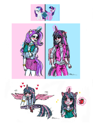 Size: 5621x7443 | Tagged: safe, artist:daazzlin, rarity, twilight sparkle, alicorn, unicorn, anthro, g4, blushing, duo, female, glowing, glowing horn, horn, lesbian, ship:rarilight, shipping, twilight sparkle (alicorn)