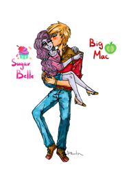 Size: 4294x6038 | Tagged: safe, artist:daazzlin, big macintosh, sugar belle, human, equestria girls, g4, blushing, female, holding, kissing, male, ship:sugarmac, shipping, simple background, straight, white background