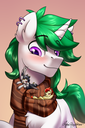 Size: 2000x3000 | Tagged: safe, artist:jedayskayvoker, oc, oc only, oc:thunder arch, oc:yamato, oc:zenith night, earth pony, pegasus, pony, unicorn, blushing, chest fluff, clothes, comforting, comfy, commission, cute, ear fluff, ear piercing, earth pony oc, eyebrows, gradient background, high res, horn, looking at each other, looking at someone, male, micro, pegasus oc, piercing, purple eyes, raised eyebrow, scarf, smol, spread wings, stallion, striped scarf, tiny, tiny ponies, unicorn oc, wings