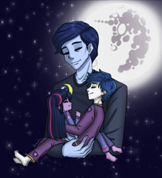 Size: 2355x2585 | Tagged: safe, artist:daazzlin, night light, shining armor, twilight sparkle, human, equestria girls, g4, brother and sister, family, father and child, father and daughter, father and son, female, high res, holding, like father like daughter, like father like son, like parent like child, male, mare in the moon, moon, parent, siblings, trio, young, younger
