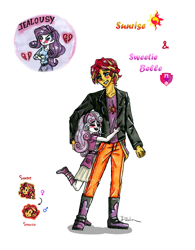 Size: 4165x5349 | Tagged: safe, artist:daazzlin, rarity, sunset shimmer, sweetie belle, human, equestria girls, g4, blushing, boots, clothes, equestria guys, female, heartbreak, jacket, jealous, male, pants, rule 63, ship:sweetieglare, shoes, simple background, skirt, sunset glare, white background