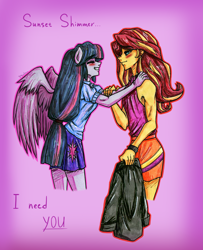 Size: 4619x5692 | Tagged: safe, artist:daazzlin, sunset shimmer, twilight sparkle, human, equestria girls, g4, bare shoulders, blushing, clothes, duo, eyes closed, female, grin, halter top, hands on shoulder, jacket, lesbian, ponied up, ship:sunsetsparkle, shipping, sleeveless, smiling