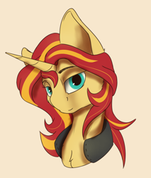 Size: 1700x2000 | Tagged: safe, artist:tenebrisnoctus, sunset shimmer, pony, unicorn, g4, bust, cheek fluff, chest fluff, clothes, eyebrows, female, mare, portrait, simple background, sternocleidomastoid, yellow background