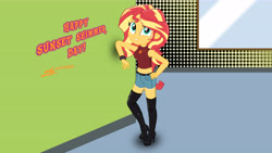 Size: 7168x4032 | Tagged: safe, artist:gibsterboy5, sunset shimmer, human, equestria girls, g4, boots, clothes, female, high heel boots, high heels, looking at you, shoes, shorts, smiling, solo, sunset shimmer day, thigh boots, thigh highs