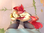 Size: 2101x1600 | Tagged: safe, artist:draco zero, roseluck, earth pony, human, pony, behaving like a cat, bell, bell collar, collar, commission, commissioner:doom9454, cute, eye clipping through hair, looking at you, looking up, looking up at you, offscreen character, overhead view, pony pet, pov, rosepet, solo focus