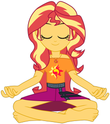 Size: 8303x9292 | Tagged: safe, artist:chrismc373, sunset shimmer, human, pony, equestria girls, g4, barefoot, eyes closed, feet, female, lotus position, meditating, simple background, smiling, solo, transparent background