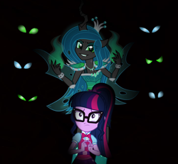 Size: 2328x2150 | Tagged: safe, queen chrysalis, sci-twi, twilight sparkle, human, equestria girls, g4, equestria girls-ified, female, high res, horn, wings