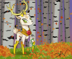 Size: 1280x1048 | Tagged: safe, artist:swasfews, idw, king aspen, deer, g4, autumn, forest, frown, horn, horn ring, horns, leaves, looking at you, male, ring, solo, stag, tree, vine