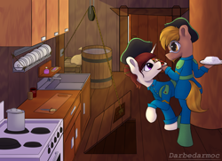 Size: 2816x2048 | Tagged: safe, artist:darbedarmoc, oc, oc only, earth pony, pony, unicorn, bag, barrel, box, caboose (train), clothes, crate, desk, dishes, food, hat, high res, knife, looking at each other, looking at someone, oven, rice, salad, shelf, soup, table, uniform, uniform hat