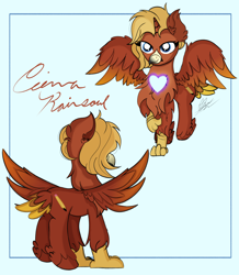 Size: 4324x4968 | Tagged: safe, artist:thepinkbirb, oc, oc:cierrarainsoul, alicorn, griffon, hybrid, pony, blue eyes, chest fluff, claws, colored wings, commission, ear fluff, feather, gradient wings, griffon oc, heart, hybrid oc, photo, queen, raised hoof, reference, reference sheet, simple background, spread wings, wings