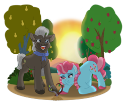 Size: 4767x3979 | Tagged: safe, artist:faitheverlasting, burnt oak, cup cake, earth pony, pony, g4, absurd resolution, apple, apple tree, chiffon swirl, crying, earth pony magic, female, headcanon, headcanon in the description, laughing, magic, male, mare, pear tree, sapling, simple background, sprout, stallion, story included, tears of joy, tears of laughter, teary eyes, transparent background, tree