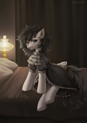 Size: 998x1404 | Tagged: safe, artist:margony, oc, oc only, oc:lodey darkshine, earth pony, pony, bed, bedroom, clothes, dress, earth pony oc, female, glasses, goth, lamp, light, looking at you, maid, mare, pillow, solo