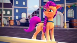 Size: 3840x2160 | Tagged: safe, artist:psfmer, sunny starscout, earth pony, pony, g5, 3d, braid, coat markings, cute, female, happy, high res, mare, maretime bay, smiling, socks (coat markings), solo, source filmmaker, sunnybetes