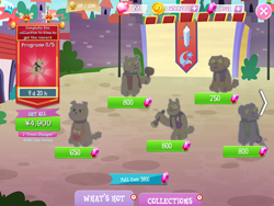 Size: 2048x1536 | Tagged: safe, gameloft, idw, basher, marrow, razey, shakes, spot, spotsplatter, diamond dog, parasprite, g4, my little pony: magic princess, apron, blue tongue, bone, brown fur, choker, clothes, coin, collar, collection, costs real money, dog collar, english, gem, green eyes, group, hammer, horrified, idw showified, male, number, paint, paintbrush, pocket, pouch, saw, shock, shocked, shocked expression, text, timer, vest, yellow eyes