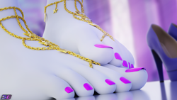 Size: 3840x2160 | Tagged: safe, alternate character, alternate version, artist:shadowboltsfm, oc, oc:inkwell stylus, oc:maple cake, anthro, plantigrade anthro, 3d, 4k, barefoot, barefoot sandals, blender, feet, fetish, foot fetish, foot focus, high heels, high res, legs, low angle, macro, micro, not sfm, pictures of legs, shoes, size difference, tiny, toes