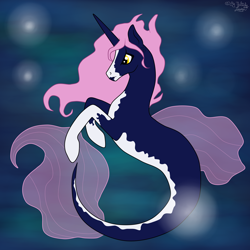 Size: 4000x4000 | Tagged: safe, artist:loopina, oc, oc only, oc:tropical desert, seapony (g4), unicorn, absurd resolution, bubble, digital art, fin wings, fins, fish tail, flowing mane, flowing tail, glowing, horn, male, ocean, pink mane, seaponified, signature, solo, species swap, tail, underwater, water, wings, yellow eyes