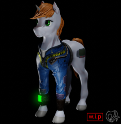 Size: 1410x1441 | Tagged: safe, artist:deadair, oc, oc:littlepip, pony, unicorn, fallout equestria, 3d, 3d model, blender, blender cycles, clothes, cycles render, female, jumpsuit, mare, pipbuck, solo, vault suit, wip