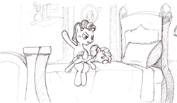 Size: 480x281 | Tagged: safe, artist:rusticanon, grand pear, pear butter, earth pony, pony, g4, bed, book, butt, crying, duo, female, filly, foal, male, monochrome, over the knee, picture, plant, plot, punishment, room, shelf, simple background, spanking, stallion, tears of pain, traditional art, white background