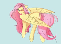 Size: 1193x869 | Tagged: safe, artist:rinnaso, fluttershy, pegasus, pony, g4, blue background, blushing, female, simple background, solo