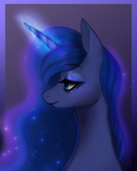 Size: 1737x2171 | Tagged: safe, artist:kaizelek, princess luna, alicorn, pony, g4, bust, female, glowing, glowing horn, horn, profile, solo