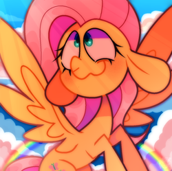 Size: 1054x1050 | Tagged: safe, artist:kimmypalazzo, fluttershy, pegasus, pony, g4, crepuscular rays, female, floppy ears, flying, heart, heart eyes, looking up, mare, outdoors, rainbow, sky background, smiling, solo, spread wings, turned head, wingding eyes, wings