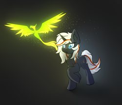 Size: 1750x1500 | Tagged: safe, artist:rejiser, oc, oc only, oc:pyrelight, oc:velvet remedy, balefire phoenix, bird, phoenix, pony, unicorn, fallout equestria, black background, ear fluff, female, glowing, hooves, horn, mare, simple background, solo, unicorn oc, walking