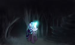 Size: 2500x1500 | Tagged: safe, artist:rejiser, starlight glimmer, pony, unicorn, g4, female, forest, glowing, glowing horn, horn, night, solo