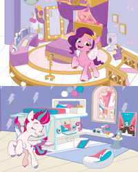 Size: 1080x1350 | Tagged: safe, pipp petals, zipp storm, pegasus, pony, g5, official, 2d, bedroom, clothes rack, computer, disco ball, eyes closed, facebook, feathered fetlocks, female, grin, hat, headband, headphones, jewelry, lamp, laptop computer, lightning, mare, microphone, music notes, open mouth, open smile, plushie, poster, rad-visor, regalia, royal sisters (g5), rubik's cube, siblings, sisters, smiling, unshorn fetlocks