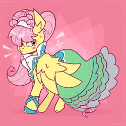Size: 2400x2400 | Tagged: safe, artist:shylunaart, fluttershy, pegasus, pony, g4, green isn't your color, abstract background, alternate hairstyle, aside glance, blushing, clothes, dress, ear fluff, elbow fluff, emanata, female, headdress, high res, hoof shoes, lidded eyes, looking at you, mare, modelshy, nervous, solo, standing, sweat, wings