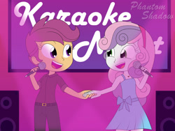 Size: 1920x1440 | Tagged: safe, artist:phantomshadow051, scootaloo, sweetie belle, human, equestria girls, g4, duo, female, holding hands, karaoke, lesbian, microphone, ship:scootabelle, shipping, singing