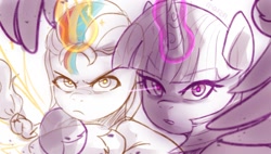 Size: 1981x1127 | Tagged: safe, artist:maren, sunny starscout, twilight sparkle, alicorn, pony, g5, my little pony: a new generation, my little pony: make your mark, my little pony: make your mark chapter 2, badass, doodle, glowing, glowing horn, gold experience requiem, horn, i'm with you, jojo reference, jojo's bizarre adventure, looking at you, parody, race swap, reference, simple background, sunny and her heroine, sunnycorn, twilight sparkle (alicorn), white background