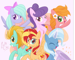 Size: 3128x2501 | Tagged: safe, artist:luckyclau, flitter, lightning dust, sunflower (g4), sunset shimmer, suri polomare, trixie, alicorn, earth pony, pegasus, pony, unicorn, g4, alicornified, alternate mane six, alternate universe, bow, clothes, eyes closed, female, flower, flower in hair, flying, glowing, glowing horn, grin, hair bow, hat, high res, horn, magic, mare, open mouth, race swap, shimmercorn, smiling, sunflower seeds, trixie's hat