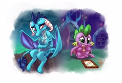 Size: 3800x2600 | Tagged: safe, artist:whitediamonds, part of a set, princess ember, spike, twilight sparkle, dragon, g4, crying, cute, dragoness, female, high res, jewelry, male, ring, sad, sadorable, ship:emberspike, shipping, straight, twilight's castle, wedding ring, winged spike, wings