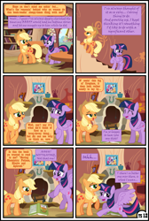 Size: 3254x4838 | Tagged: safe, artist:gutovi, applejack, twilight sparkle, alicorn, earth pony, pony, comic:why me!?, g4, alternate ending, book, comic, embarrassed, female, fireplace, golden oaks library, hat, high res, lesbian, mare, ship:twijack, shipping, show accurate, twilight sparkle (alicorn)