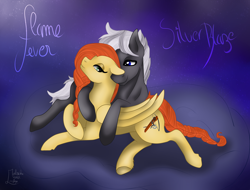 Size: 3874x2943 | Tagged: safe, artist:loopina, oc, oc:flame fever, oc:silver blaze, pegasus, pony, couple, female, gift art, high res, hug, love, male, tender