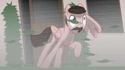 Size: 2203x1233 | Tagged: safe, artist:equestriaexploration, pegasus, pony, david paulides, facial hair, leaves, male, moustache, ponified, solo, stallion, storm, wind