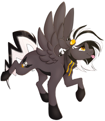 Size: 2000x2300 | Tagged: safe, artist:mxiiisy, oc, oc only, oc:zephyr corax, oc:zephyrai, pegasus, pony, :p, accessory, bandana, black and white mane, coat markings, colored belly, dark belly, full body, gray coat, hair accessory, hairpin, high res, looking up, raised leg, reverse countershading, side view, simple background, skull, socks (coat markings), solo, spread wings, thunderbolt, tongue out, transparent background, wings, yellow eyes