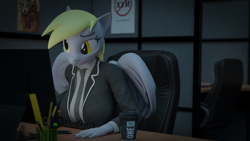 Size: 3840x2160 | Tagged: safe, artist:arcanetesla, derpy hooves, pegasus, anthro, g4, 3d, big breasts, blender, breasts, busty derpy hooves, clothes, female, high res, necktie, office, solo, suit