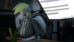 Size: 3840x2160 | Tagged: safe, alternate version, artist:arcanetesla, derpy hooves, pegasus, anthro, g4, 3d, big breasts, blender, breast rest, breasts, busty derpy hooves, clothes, female, high res, meme, necktie, office, question mark, solo, suit