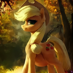 Size: 1536x1536 | Tagged: safe, ai assisted, ai composition, ai content, derpibooru exclusive, edit, editor:dualreason, generator:purplesmart.ai, generator:stable diffusion, applejack, earth pony, pony, g4, belly, big belly, female, outdoors, preggo jack, pregnant, smiling, solo, tree