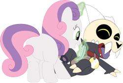 Size: 3568x2409 | Tagged: safe, artist:porygon2z, sweetie belle, pony, titan, unicorn, g4, broken horn, butt, collar, crossover, cute, diasweetes, duo, duo male and female, female, filly, foal, high res, horn, king clawthorne, laughing, male, pet tag, plot, show accurate, simple background, skull, sweetie butt, the owl house, tickling, transparent background