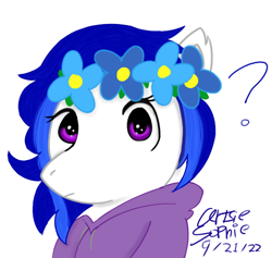 Size: 512x485 | Tagged: safe, artist:ideletedsystem64, oc, pegasus, semi-anthro, blue mane, clothes, female, flower, flower in hair, hoodie, huh, looking at you, mare, purple eyes, solo, white body