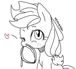 Size: 698x628 | Tagged: safe, artist:maren, applejack, earth pony, pony, g4, 2017, doodle, female, heart, mare, mouth hold, old art, one eye closed, rope, sitting, solo