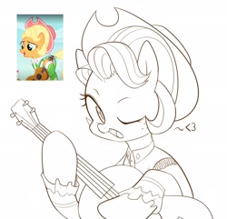 Size: 2700x2600 | Tagged: safe, artist:maren, screencap, applejack, earth pony, pony, g4, sparkle's seven, 2018, acoustic guitar, apple chord, bust, clothes, costume, doodle, female, guitar, heart, high res, mare, musical instrument, old art, one eye closed, screencap reference, solo