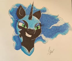 Size: 1941x1640 | Tagged: safe, artist:engi, nightmare moon, alicorn, pony, g4, armor, bust, ethereal mane, evil smile, female, grin, simple background, smiling, solo, starry mane, traditional art